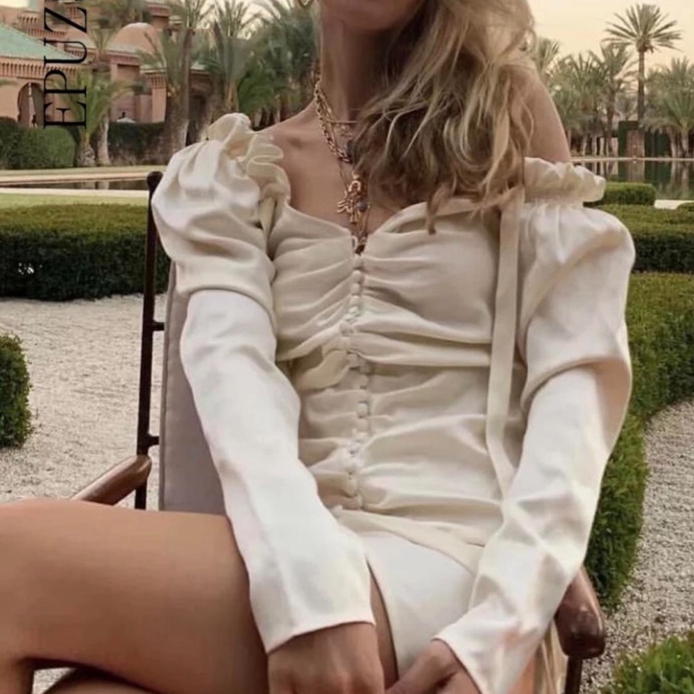 White Ruched Button Ribbon Mini Dress - Picture 9 of 9